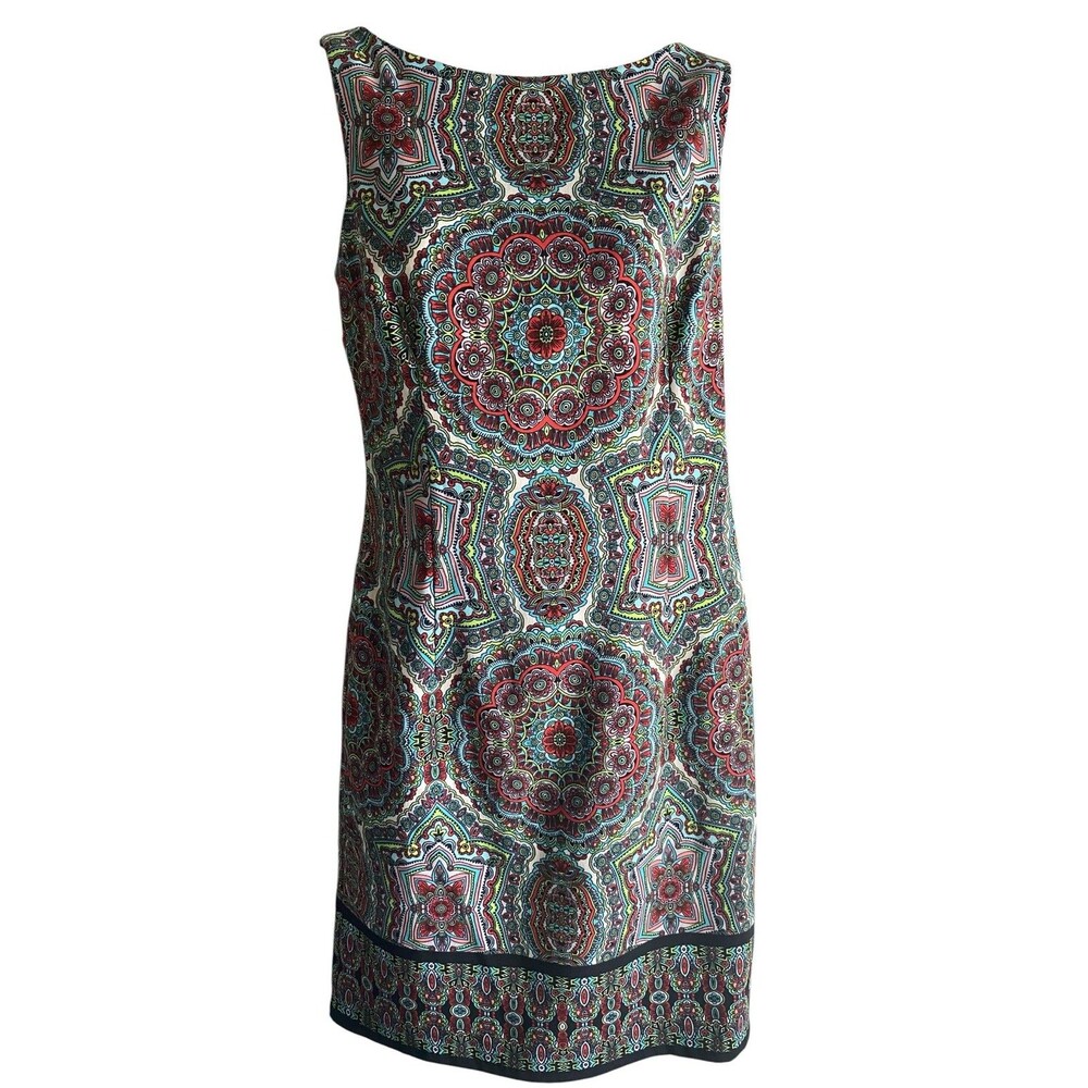 London Times Dress Womens 6 Multicolor Geometric Medallion Sheath Knee Length